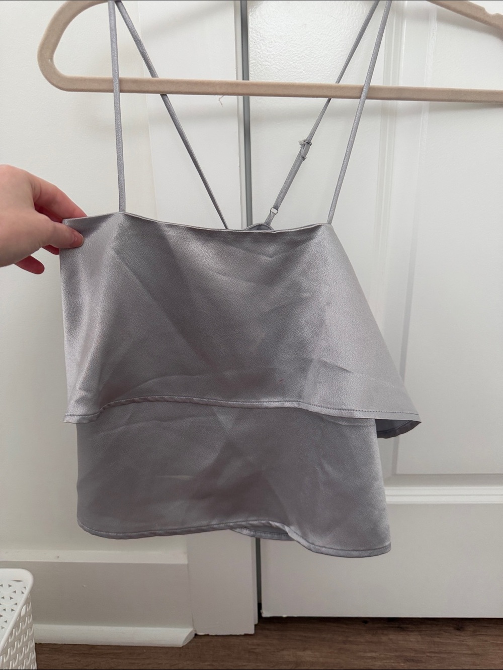 Silver Satin Spaghetti Strap Ruffle Cami